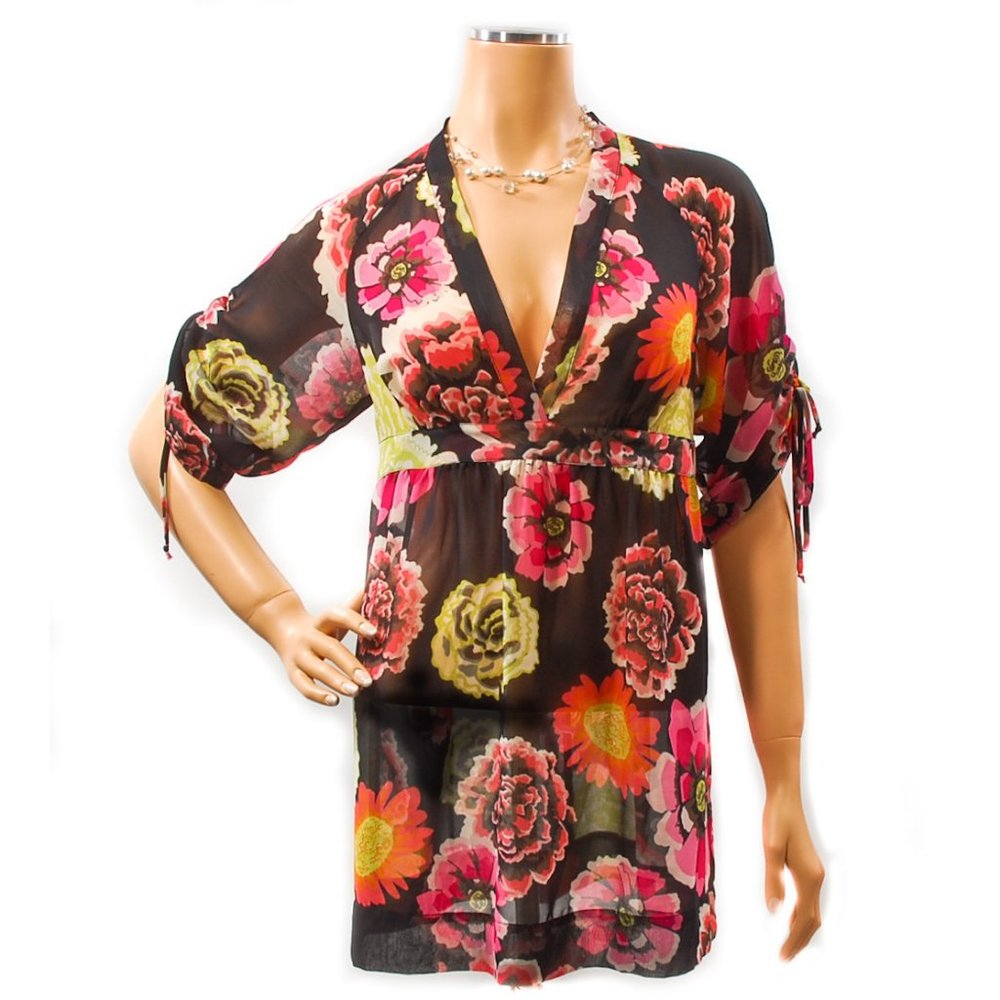 CAbi Gemini #400 Black & Floral Semi-Sheer Top